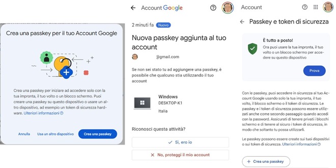Procedura di acccesso con passkey google
